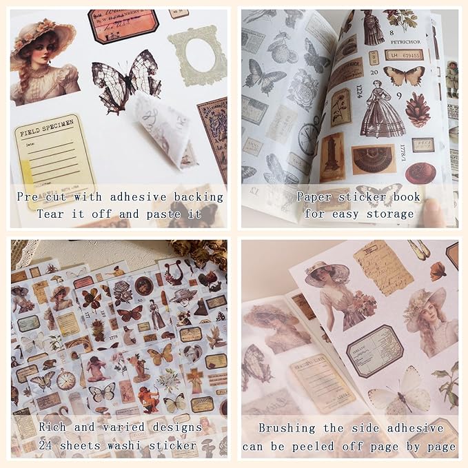 Vintage Stickers for Scrapbooking, Junk Journal - 24 Sheets Washi Sticker, Victorian Journal Stickers Book for Women, Self-Adhesive Scrapbook & Junk Journal Supplies (Brown)