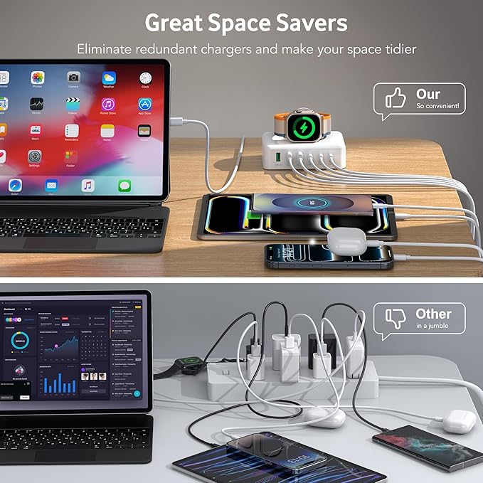 125W USB C Fast Charger Charging Station Block for Apple Watch Charger, USB C 6 Port PD GaN Fast Charger Hub Power Adapter for iPad iPhone 17 16 15 14 13 Apple Watch 10 9 8 7 6 5 Galaxy S23 Note 20