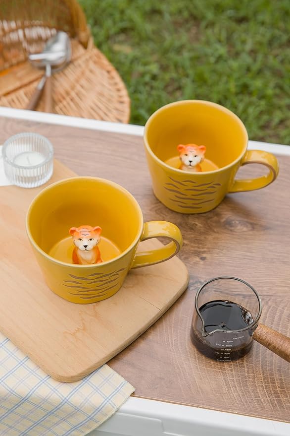 DIHOclub Tiger Cup Ceramic 3D Wild Animal Inside Mug,Cute Cartoon Handmade Figurine Mugs,Holiday and Birthday Gift for Coffee Milk Tea Lovers,12 OZ(Brown Tiger)