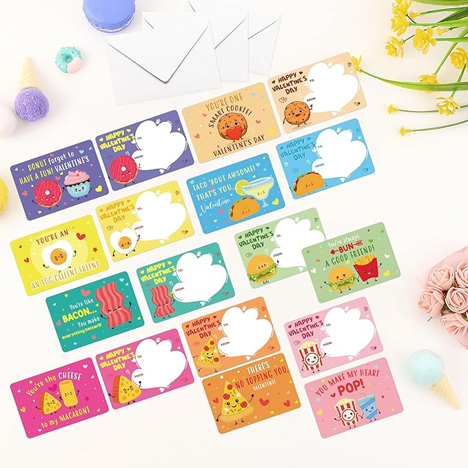 Valentines Day Cards for Kids Classroom, 36 Pcs Funny Food Exchange School Set with Stickers, Cute Snack Dessert Valentine Day Card Gifts for Kids Class Party Supplies