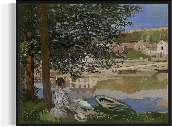 On the Bank Claude Monet Wall Art Print Poster, Impressionist Painting Wall Art Wall Decor, for Bedroom and Living room Bathroom Decor 115 (On the Bank, 11 x 14 inches, Black Frame)