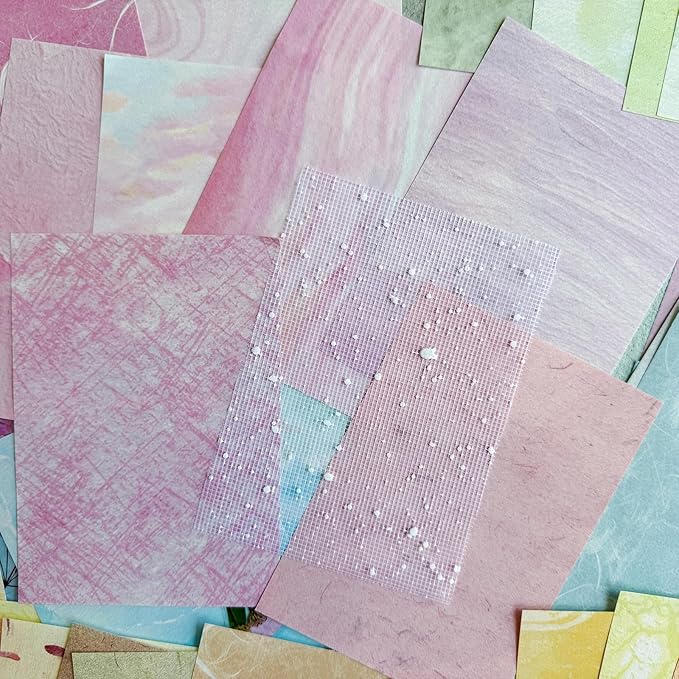MOLNESO 132pcs Pastel Aesthetic Journal Paper Kit, Embossed Background Papers with Clear Dried Flower Stickers, Mixed Textured Scrapbook Papers for Collage, Junk Journals, Card Making, DIY Crafts