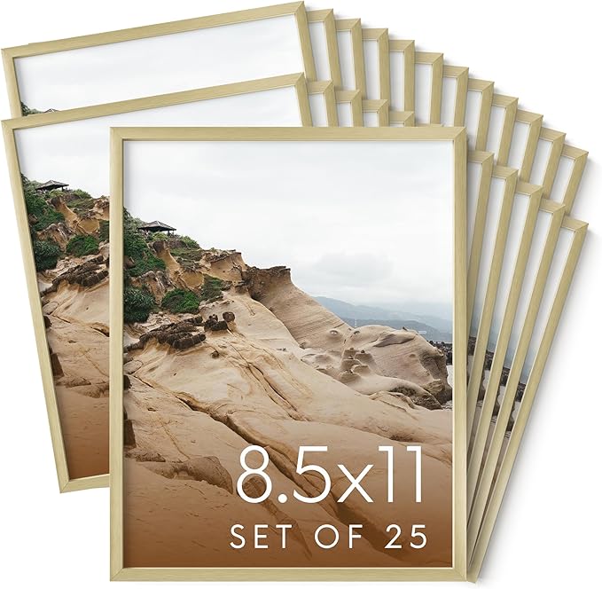 HAUS AND HUES 8.5x11 Gold Metal Picture Frames - Features Premium Aluminum, Vertical & Horizontal Hang, Shatterproof Plexiglass - Perfect for Home, Room, Office (8.5x11 in, Gold, Set of 25)