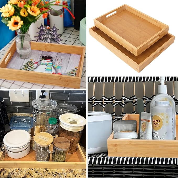 2 Pack Large Bamboo Serving Tray with Handles, 16 x 11.6 Inch and 14 x 10 inch Wooden Dinner Tray, Home Kitchen Breakfast Trays for Living Room Bedroom Kitchen Dinner Table, Picnic
