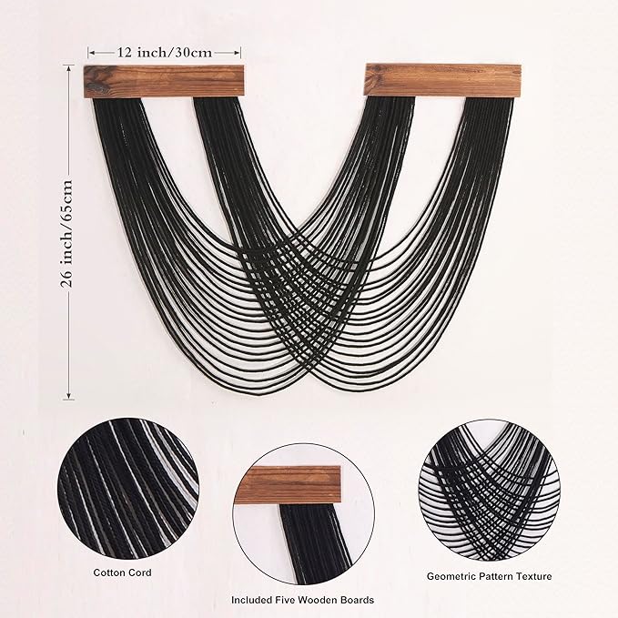 LB Black Macrame Wall Hanging, Boho Tapestry Wall Hanging Macrame Wall Art Handmade Yarn Woven Wall Art Modern Home Decor Headboard Wall Decor for Bedroom Living Room Dorm Nursery, 12x25 Inch