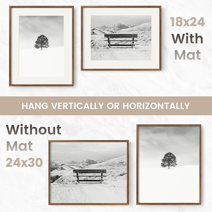 24x30 Poster Frame, USA-Sourced Natural Walnut Wood Picture Collage Frame with HD Tempered Glass, Modern Simple 24 x 30 Wooden Photo Frame Matted to 18x24, Vertical & Horizontal Wall Hanging Display