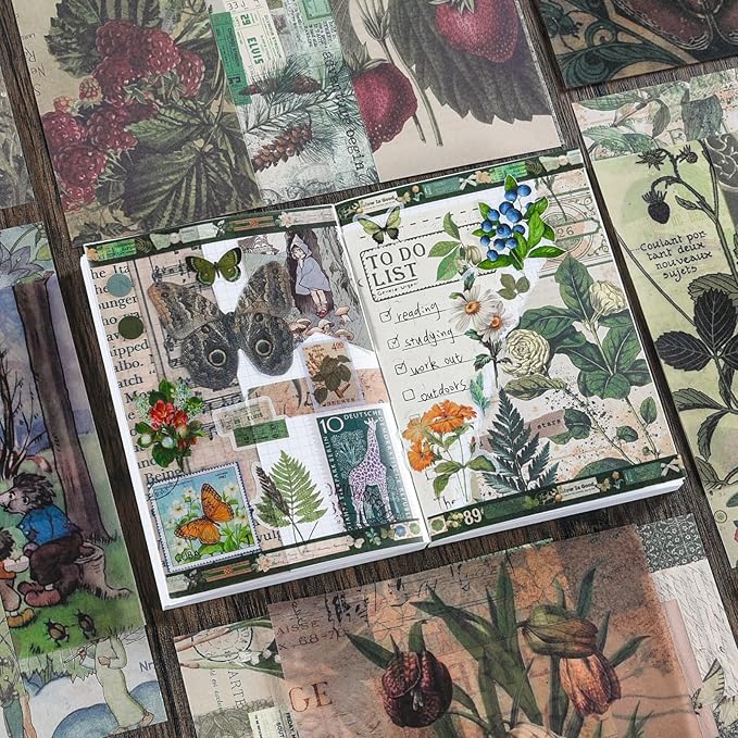 Scrapbooking Supplies Kit, Vintage Aesthetic Scrapbook Kit, Junk Journal Supplies with Scrapbooking Paper A6 Grid Notebook, Journaling Supplies, Birthday Craft Gift for Adult Teen Girl Kid, Botanical