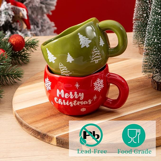 4pcs Cute Ceramic Coffee Mug, 9.4OZ Handmade Porcelain Tea Mugs, Ceramic Cup Sets for Matcha, Dishwasher & Microwave Safe, Christmas Gift(Christmas Tree)