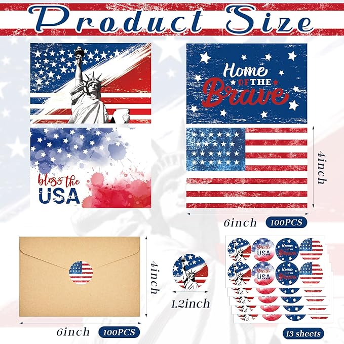 Seajan 100 Sets Patriotic Greeting Cards with Envelopes Stickers 4 x 6 Inch American Flag Blank Cards USA Thank You Note Postcards Bulk for Veteran's Day 4th of July Memorial Day