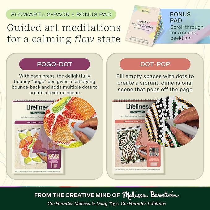 Lifelines FlowArt Activity Pad, 2-Pack & Bonus Pad - Guided Dot Art Meditations with Markers – Dot-Pop and Pogo-Dot Coloring Books for Tweens, Adults & Seniors