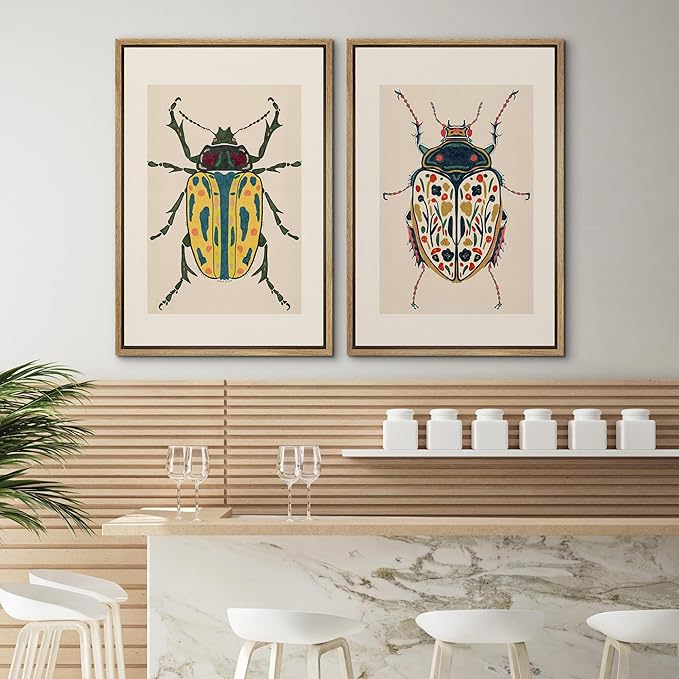 SIGNWIN Framed Canvas Print Wall Art Set Colorful Beetle Vintage Insect Illustrations Modern Art Minimal Boho Colorful for Living Room, Bedroom, Office - 24"x36"x2 NATURAL
