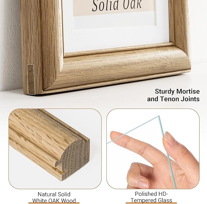 Heimlove 8.5x11 Picture Frame,8.5 x 11 Solid White Oak Photo Frame Matted to 6x8 with Tempered Glass,8.5"x11" Handcrafted Diploma Document Frames Frame Vertical or Horizontal Wall Hanging Display,1 Pack