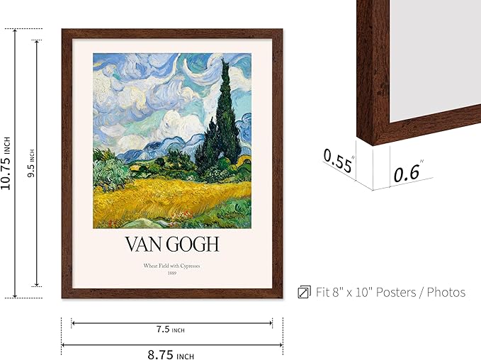 Monem Art Vintage Van Gogh Poster - Retro Impressionist Print - Wheat Field With Cypresses, Trees, Sky, Landscape - Gift for Artist, Friend - Wall Decor for Home, Office, 8x10 Brown Framed