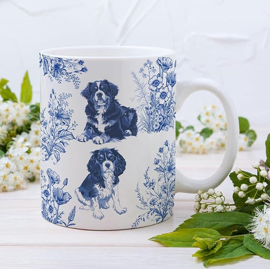 Cavalier King Charles Spaniel with Bernise Mountain Dog Blue French Toile Coffee Mug, Cavalier & Bernise Lover Gifts for Women, Blue Toile Coffee Cup, Birthday Gifts for Dogs Mom, Dog Dad, 15 oz