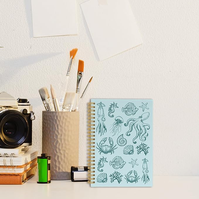 Blue Journal Notebook - Green Ocean Sea Life Coastal Themed Aesthetic Notebooks College Ruled for Office School Classroom, Gifts for Women Girls Kids, Hardcover Spiral Notebook 5.5"x8.3"