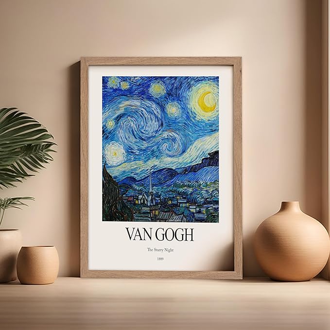 Monem Art Vintage Van Gogh Poster - Retro Impressionist Print - The Starry Night, Moon, Stars, Abstract - Gift for Artist, Friend - Wall Decor for Home, Office, 16x20 Beige Framed