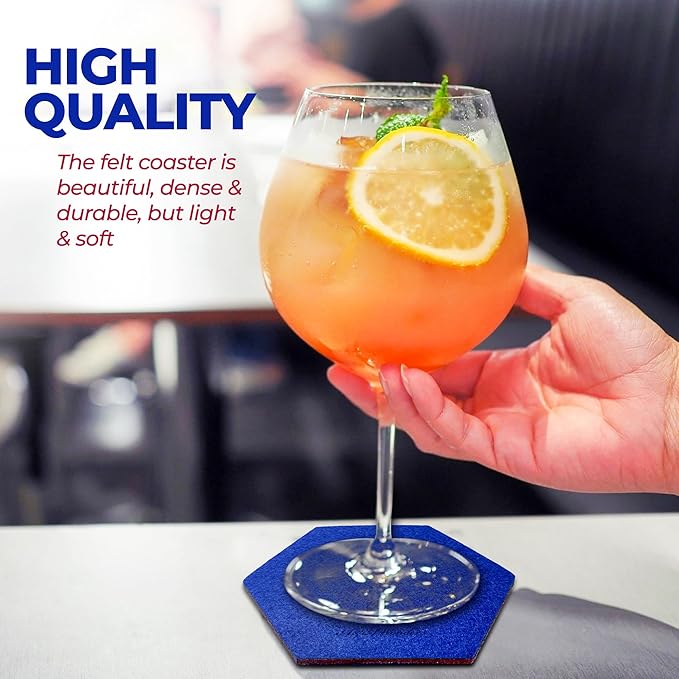A&A Wonders Premium Felt Coasters for Drink, Two-Tone Reversible, Absorbent Felt Protects Furniture, Table, Anti Slip, Suitable for Drinks & All Table Types (Wine Red/Royal Blue, Hexagon 18 Pack)