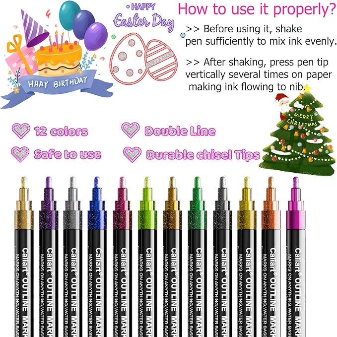 Caliart Stocking Stuffers for Kids Teen Girls, 12 Colors Outline Markers Shimmer Glitter Pens, Christmas Tween Teen Girl Gifts Trendy Stuff, Art Supplies for 6-8-10-12 Year Old Cool Fun Craft Drawing