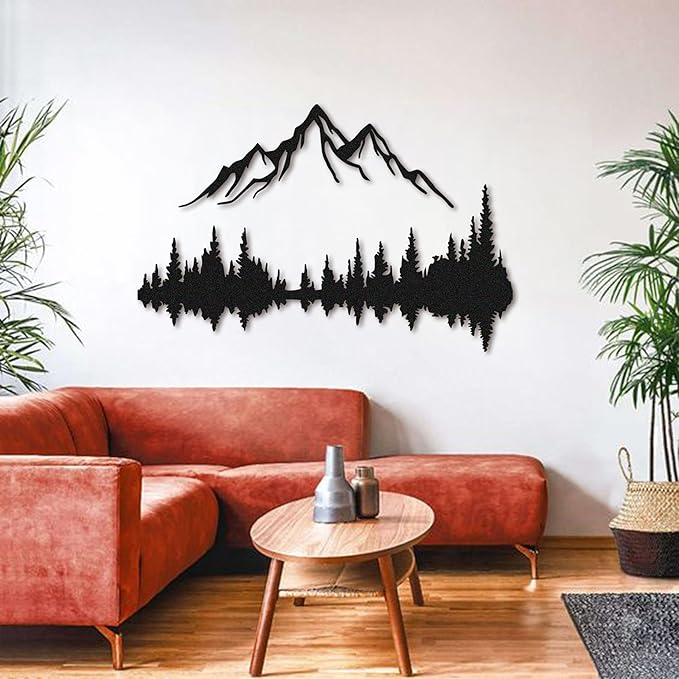 Metal Wall Art - Mountain & Forest Metal Wall Decor - Large Wall Sculpture for Rustic Home Living Room Bedroom Indoor/Outdoor (Black, 47.2'' x 31.4'')