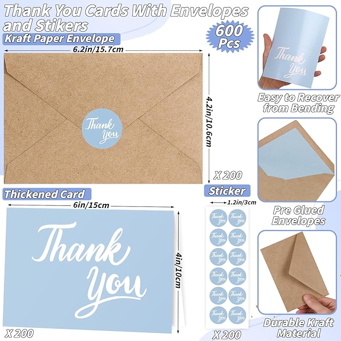 600 Pcs Light Blue Thank You Cards Bulk with Kraft Envelopes and Stickers 4x6 Inch Blank Thank You Notes Box Set Minimalistic Design for Business Wedding Baby Shower Graduation Bridal Shower Birthday
