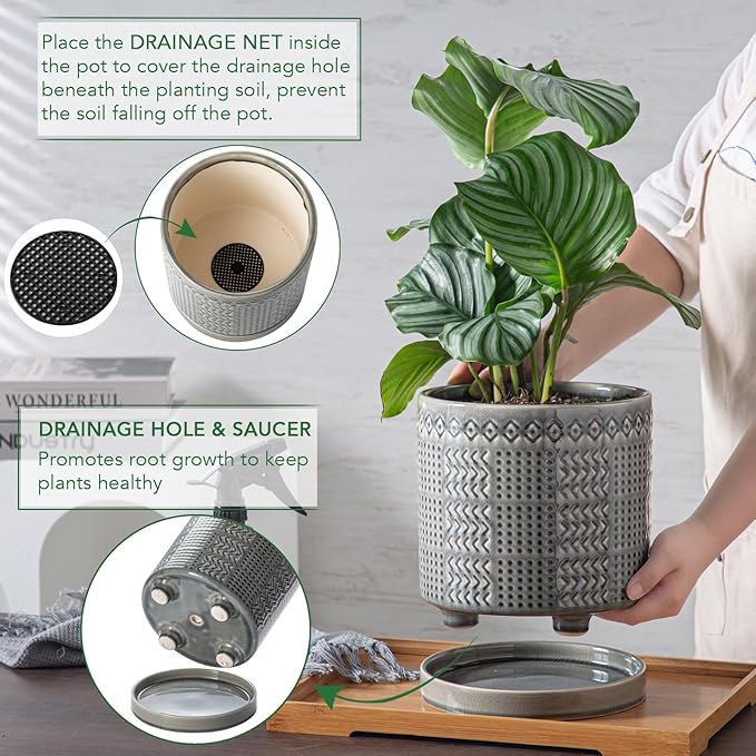 Indoor-Outdoor Ceramic Plant Pots: 8 Inch Flower Pots with Drainage Hole & Saucer - Decorative Ceramic Pots for Plants Herbs Succulents - Home Garden Patio Lawn Use (Grey)