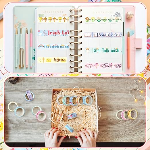 Janlaugh 24 Rolls Christian Washi Tape Gifts Bulk Religious Inspirational Scripture Supplies Bible Verse Tape for Bible Study Journaling Crafting Christmas Stocking Stuffers Gift(Cute)