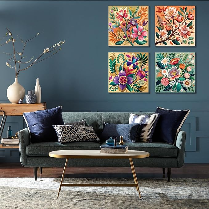 4 Pack Paint by Numbers for Beginner with Frame,Flowers Adult Paint by Number Kits on Canvas, DIY Number Painting for Adults for Decor 8X 8 inch