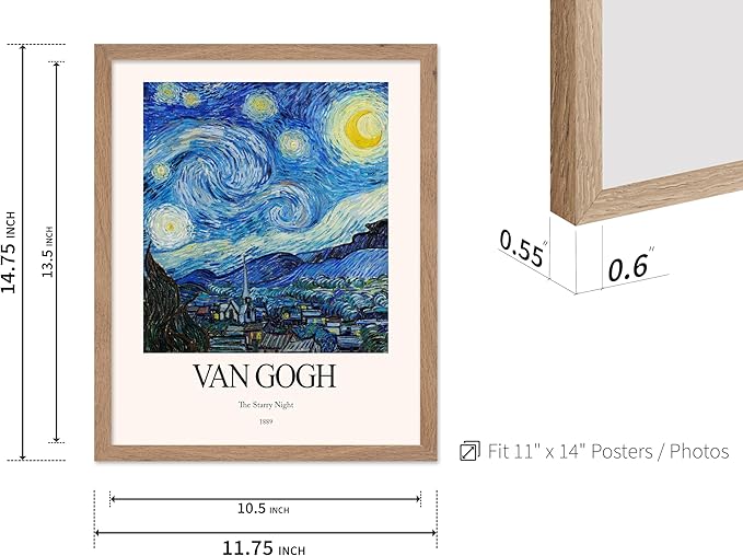 Monem Art Vintage Van Gogh Poster - Retro Impressionist Print - The Starry Night, Moon, Stars, Abstract - Gift for Artist, Friend - Wall Decor for Home, Office, 11x14 Beige Framed