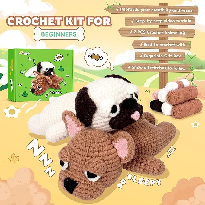 Crochet Kit for Beginners- 2 PCS Pug and French Bulldog Crochet Kits for Adults, 2PCS Sleeping Dog Crochet Kit with Step-by-Step Video Tutorials,Crochet Hook, Instructions DIY Knitting Kit