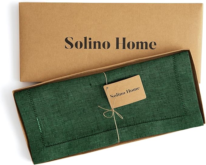 Solino Home Linen Table Runner 36 Inches - 100% Pure Linen Forest Green Hemstitch Table Runner 14 x 36 Inch Ideal for Dresser and Coffee Tables - Milan - Winter, St Patricks Day