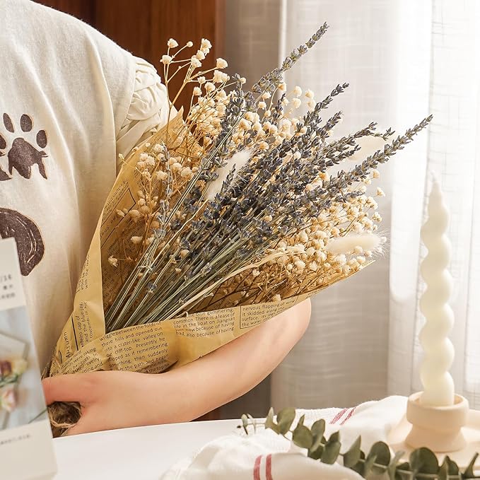 Dried Lavander Flower Bouquet with Babies Breath, Used for Home Farmhouse Decor, Table Decor Real Dried Flowers for vase, Gift for Mother Friend. 16.5 Inches