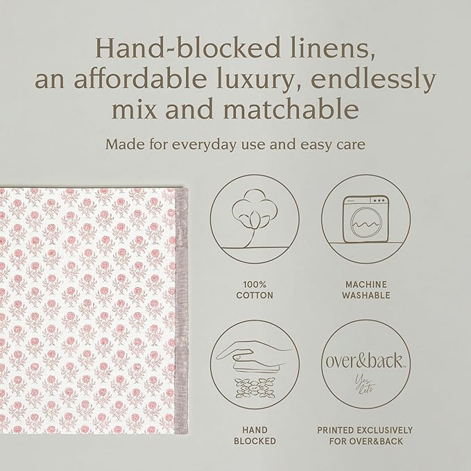Over&Back Set of 4 Hand-Blocked Placemats - Colorful Dining Table Mat - Each Placemat is Unique - 100% Cotton - Machine Washable - Kitchen and Home Decor - Pink Blossom