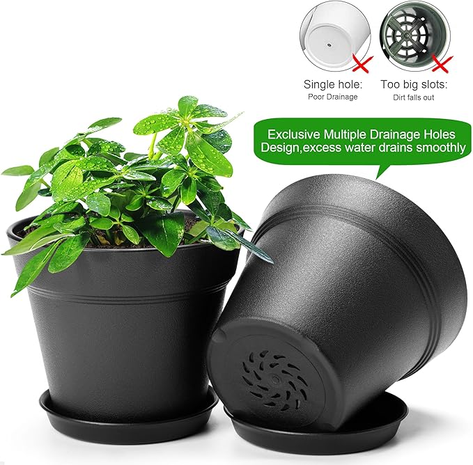 10 Pack Plastic Plant Pots with Drainage Holes and Tray, 5 inch Thickened Indoor Planters Seedlings Nursery Pots for Flowers, African Violet, Succulent and All House Plants, Black
