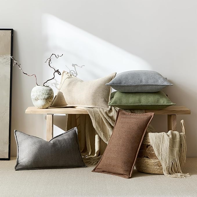 26x26 Linen Euro Sham Pillow Covers Sage Green Pack of 2 Farmhouse Boho Neutral Accents Striped Textured Square Decorative Throw Pillow Cases for Living Room Couch Bed Home Decor