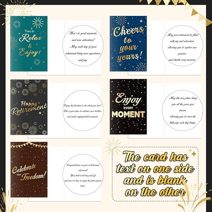 100 Sets Retirement Cards with Envelopes and Stickers Blank Inside Funny Retirement Card 5 Style Designs Greeting Card for Coworker Teacher Employee