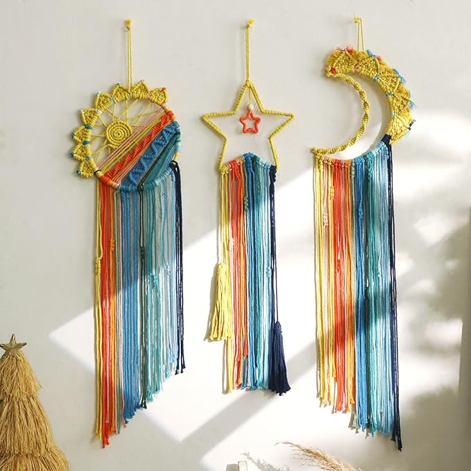 3 Pack Macrame Hanging Tapestry Wall Art Set Boho Woven Tapestries Sun Moon Star Large Dream Catcher Coloful Wall Decor Bedroom Aesthetic Living Room Decor