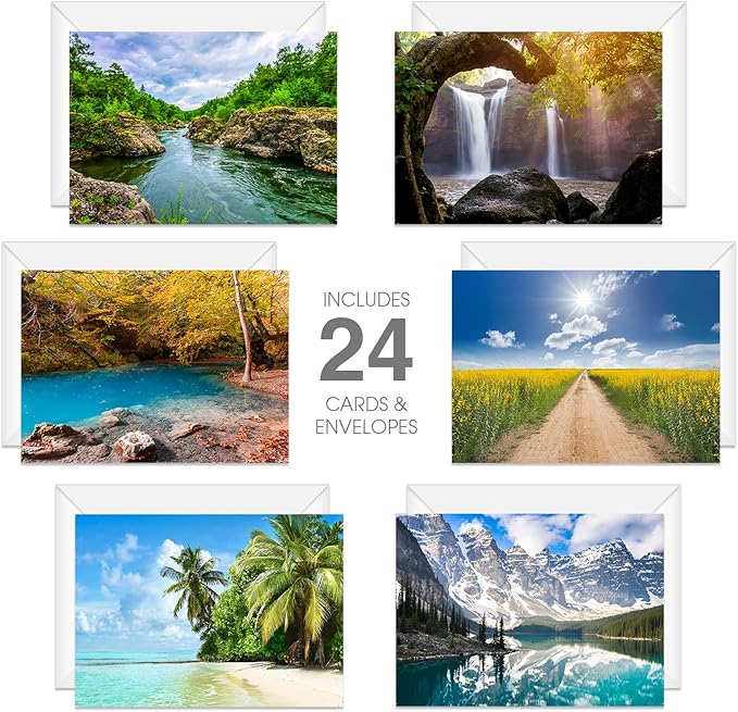 Beautiful Scenery Generic Note Card Pack / 24 Nature Greeting Cards With White Envelopes / 6 Breathtaking Outdoor Scenery Designs / 4 5/8" x 6 1/4" All Occasion Sympathy Cards