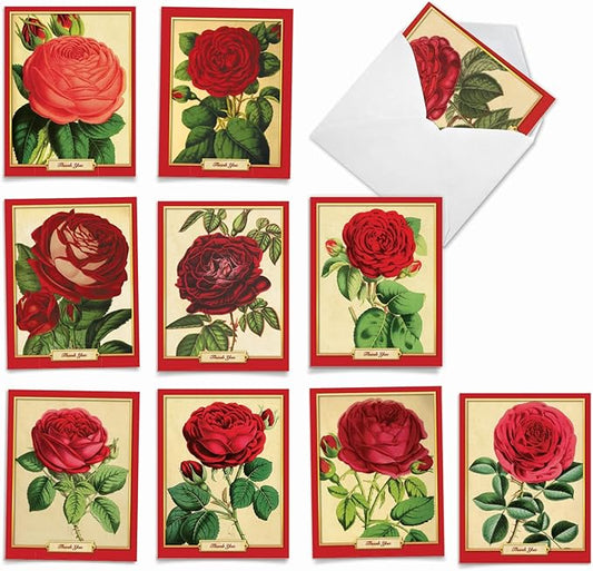 The Best Card Company - 10 Boxed Thank You Note Cards with Flowers - Blank Assorted Floral Notecards Bulk (4 x 5.12 Inch) - Retro Roses M1739BN