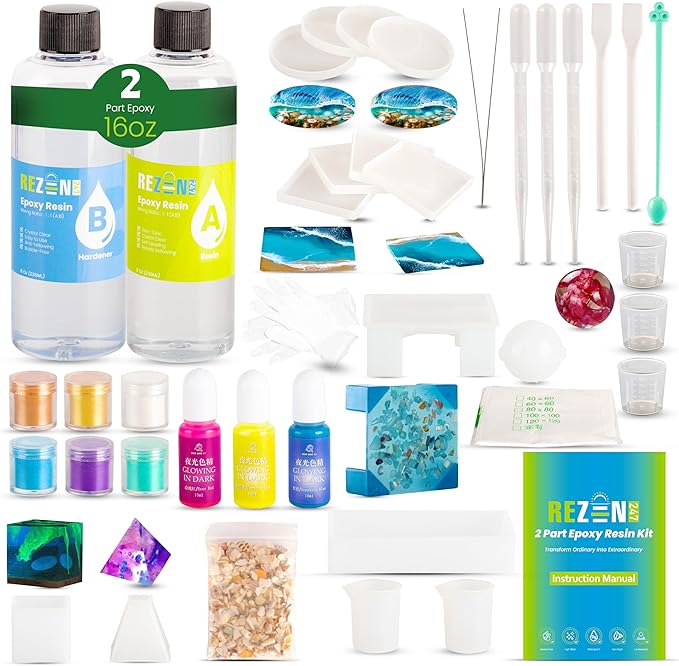 Zen247 Epoxy Resin Kit with Molds - Complete Set - Unique Resin Molds Kit with Crushed Seashells for Ornaments - Glow in The Dark Pigment