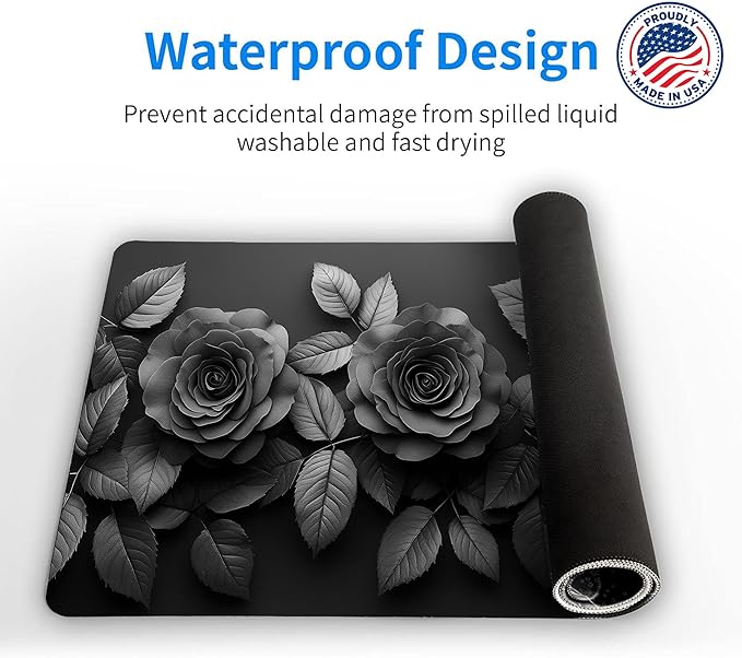 Luxury Black Rose Desk Mat Large Gaming Mouse Pad with Elegant 3D Floral Design and Dark Aesthetic Desk Pad for Office Home Gift for Gamers Artists Minimalist Lovers, 31x15in