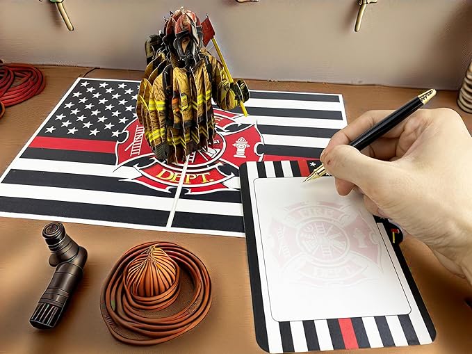 3D Pop Up Greeting Card – Handmade Firefighter Card with American Flag – Heroic Fireman with Axe – Birthday, Father’s Day, Graduation, Retirement, Thank You Card for Firefighters