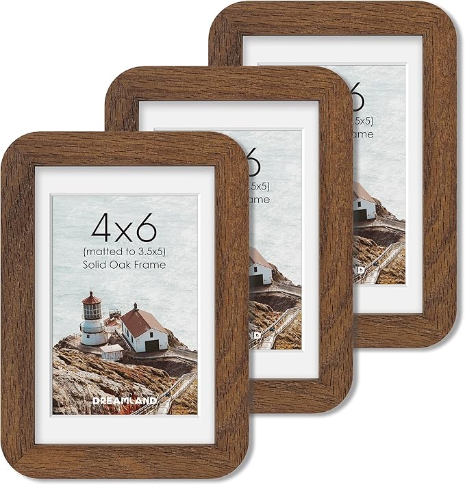 Dreamland 4x6 Picture Frame Set of 3, Solid Oak Wood Photo Frame with Mat for 3.5x5, Round Corner 4 x 6 Matted Picture Frames with Resistant Plexiglass for Wall Mounting or Tabletop, Walnut Color