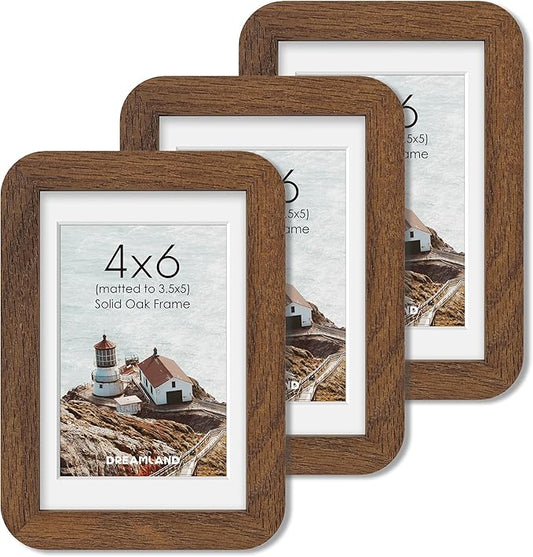 Dreamland 4x6 Picture Frame Set of 3, Solid Oak Wood Photo Frame with Mat for 3.5x5, Round Corner 4 x 6 Matted Picture Frames with Resistant Plexiglass for Wall Mounting or Tabletop, Walnut Color