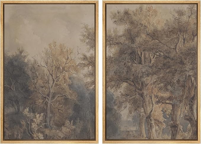 SIGNWIN Framed Canvas Print Wall Art Set Vintage Tree Sketch Classic Sepia-Toned Forest Illustrations Modern Art Scenic Colorful for Living Room, Bedroom, Office - 16"x24"x2 Natural