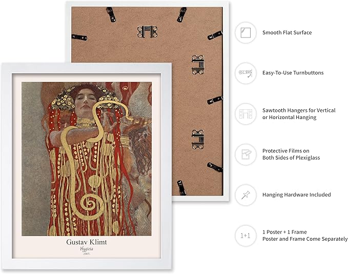 Poster Master Vintage Gustav Klimt Poster - Retro Hygieia Print - Art Nouveau - Greek Goddess of Health Art - Symbolism Art - Classic Painting - Aesthetic Living Room Decor - 8x10 White Framed