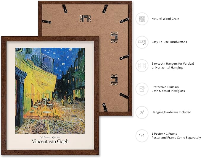 Monem Art Vintage Van Gogh Poster - Retro Impressionist Print - Cafe Terrace at Night, Arles, Stars, Aesthetic - Gift for Artist, Friend - Wall Decor for Home, Office, 8x10 Brown Framed