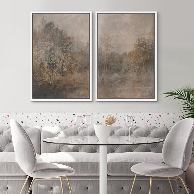 SIGNWIN Framed Canvas Print Wall Art Set Misty Forest Landscape Neutral Woodland Nature Illustrations Modern Art Scenic Colorful for Living Room, Bedroom, Office - 24"x36"x2 White