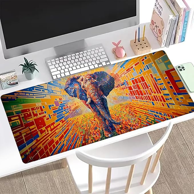 Geometric Elephant Gaming Mouse Pad, Office Desk Mat, Anti-Slip Rubber Base Cool Aesthetic Mouse Pads for Computer Laptop Keyboard School Home Desktop Gamer Home Accessories Decor 31.5" x 11.8"