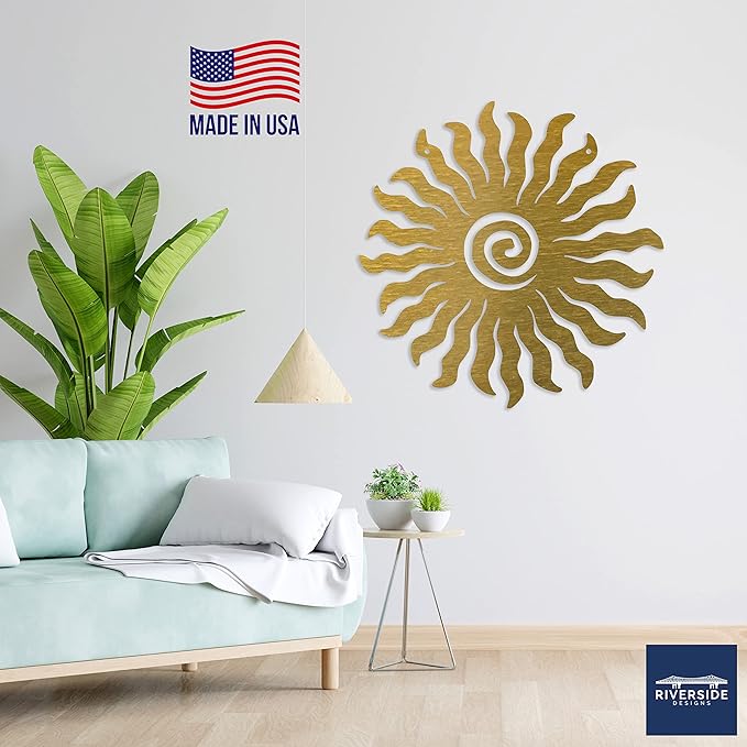 Riverside Designs Sunburst Metal Wall Art Steel Outdoor Decor - Heavy-Duty and Waterproof - Made in USA (24", Gold)