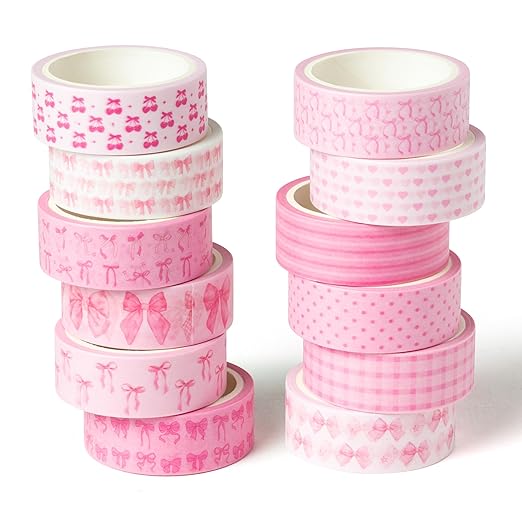 12pcs Coquette Pink Washi Tape, Trendy Watercolor Pink Bow Cherry Preppy Aesthetic Decorative Tape, Cute Bowknot Heart Buffalo Plaid Artistic Tape for DIY Craft Scrapbook Wrapping Decor